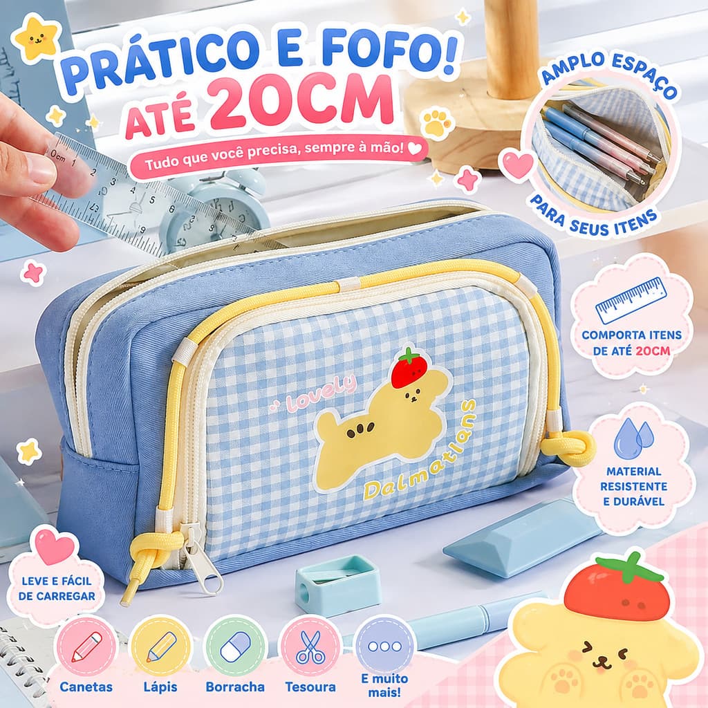 Estojo Escolar Grande Xadrez Cachorrinho Fofo -  Estojo de Lápis Multifuncional Necessaire Papelaria Volta às Aulas