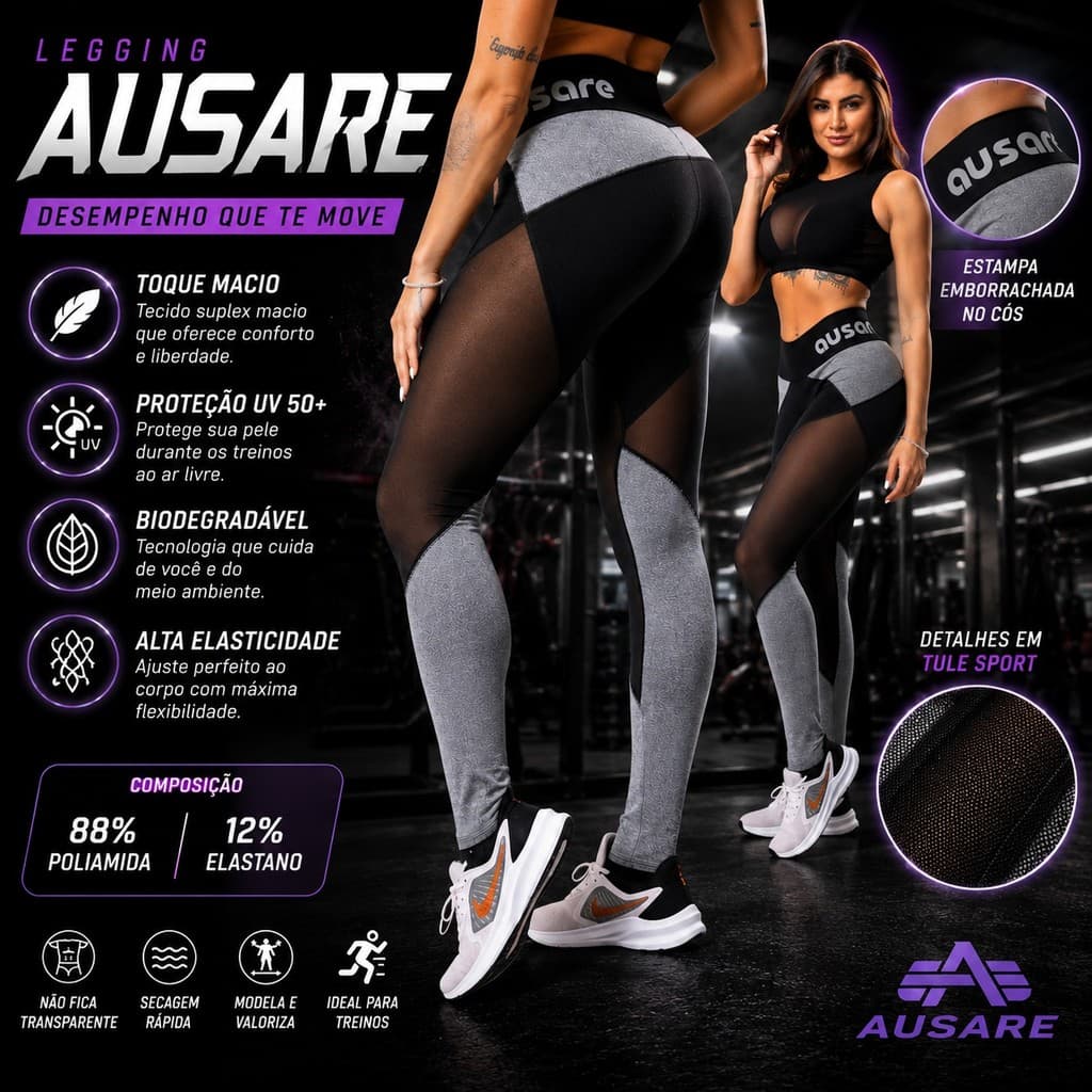 Legging Academia Ausare Preta e Cinza Recortes Feminina Cós Alto Fitness Treino Musculação Corrida Yoga Conforto Cal0122