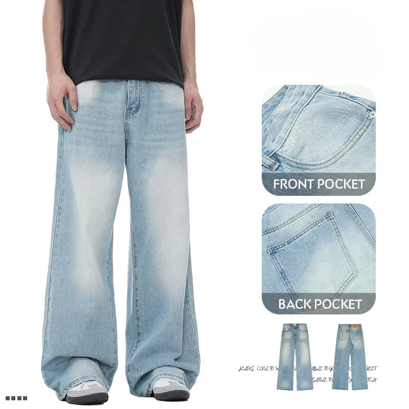 Calças retrô americanas calças jeans lavadas calças soltas azul claro calças retas masculinas calças soltas calças de pe