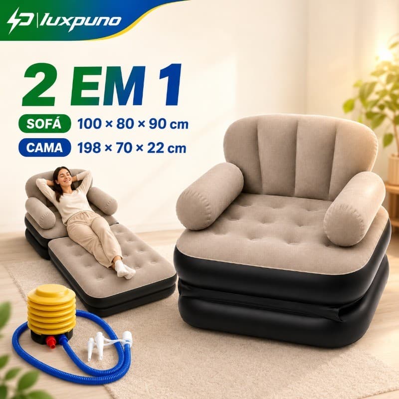Sofá Inflável Dobrável Inflável Sofá-cama 2 em 1 Confortável  com Bomba de Ar PVC Aveludado Portátil Para Casa E Camping