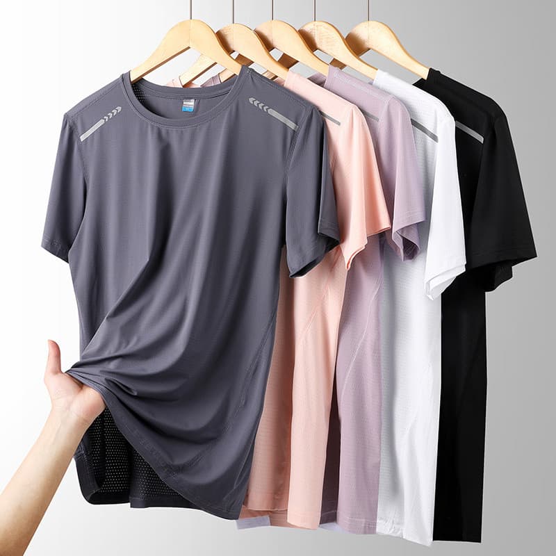 Camiseta masculina de manga curta sem costura de seda gelo verão fino em torno do pescoço estilo casal secagem rápida es