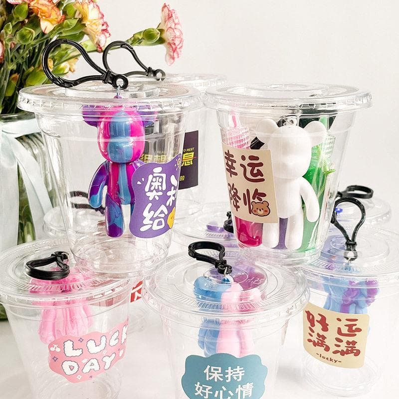 Urso fluido diy chaveiro fazendo pacote de Material artesanal corrente copo plástico brinquedo crianças pingente fluido