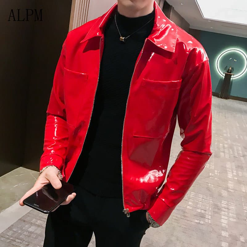 Nova Chegada: Jaqueta de Couro Masculina Estilo Motociclista com Gola, Casaco de Couro Brilhante, Jaqueta Casual Fashion