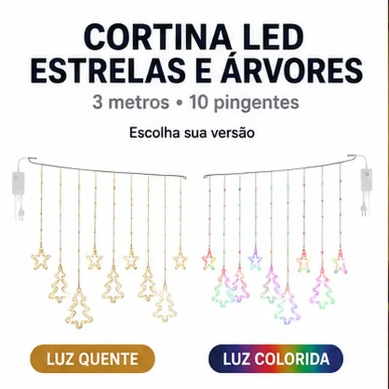 Cortina LED Natalina 3 Metros com 10 Pendentes 100 LEDs Luz Colorida e Luz Quente OIH-9641 / OIH-9640