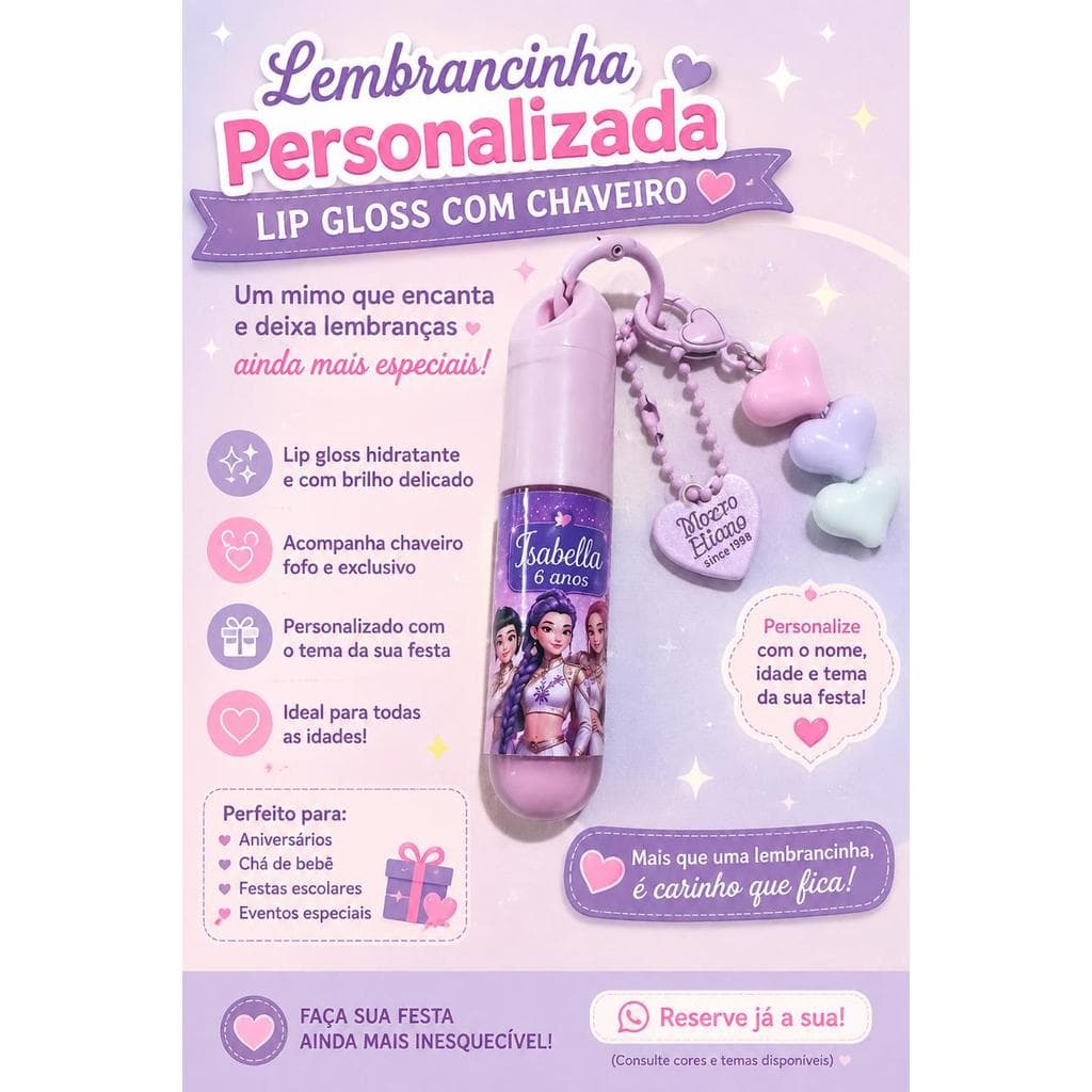 💄 Lip Gloss Personalizado com Chaveiro – Lembrancinha - kpop - Princesas