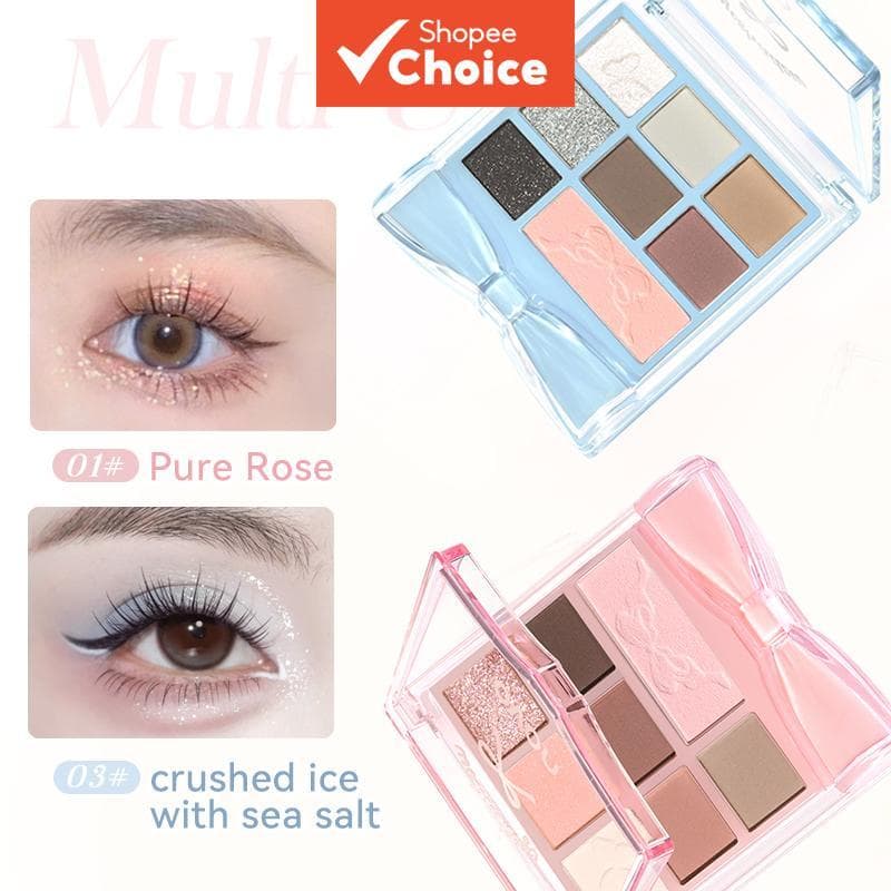 Paleta de Sombra 8 cores Bow: Mate, Brilho e Brilho Fino em uma só paleta - Sombra, Blush e Iluminador Multifuncionais.