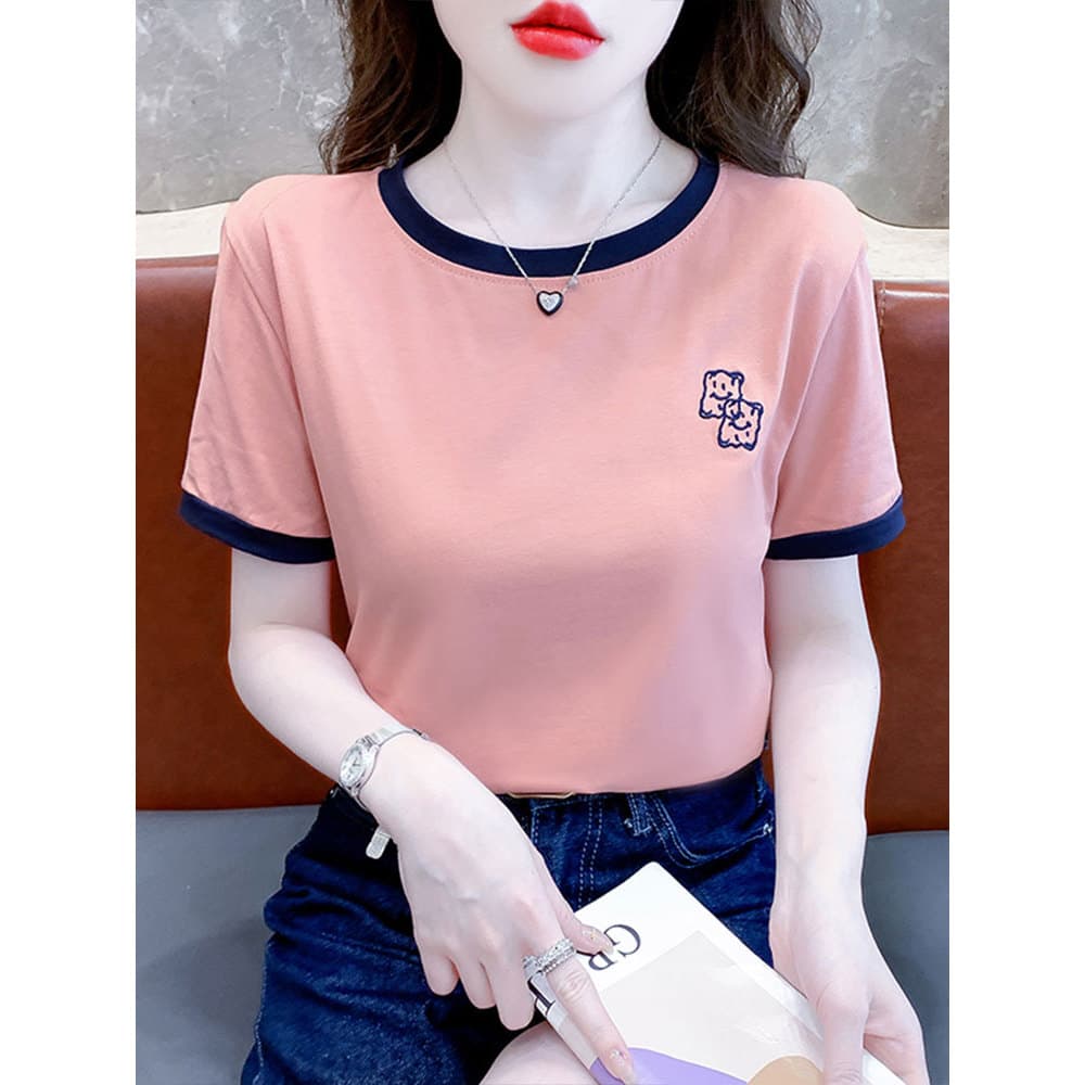 Estilo fino bordado de manga curta camiseta feminina verão 2024 novo estilo camiseta feminina moda solta feminina