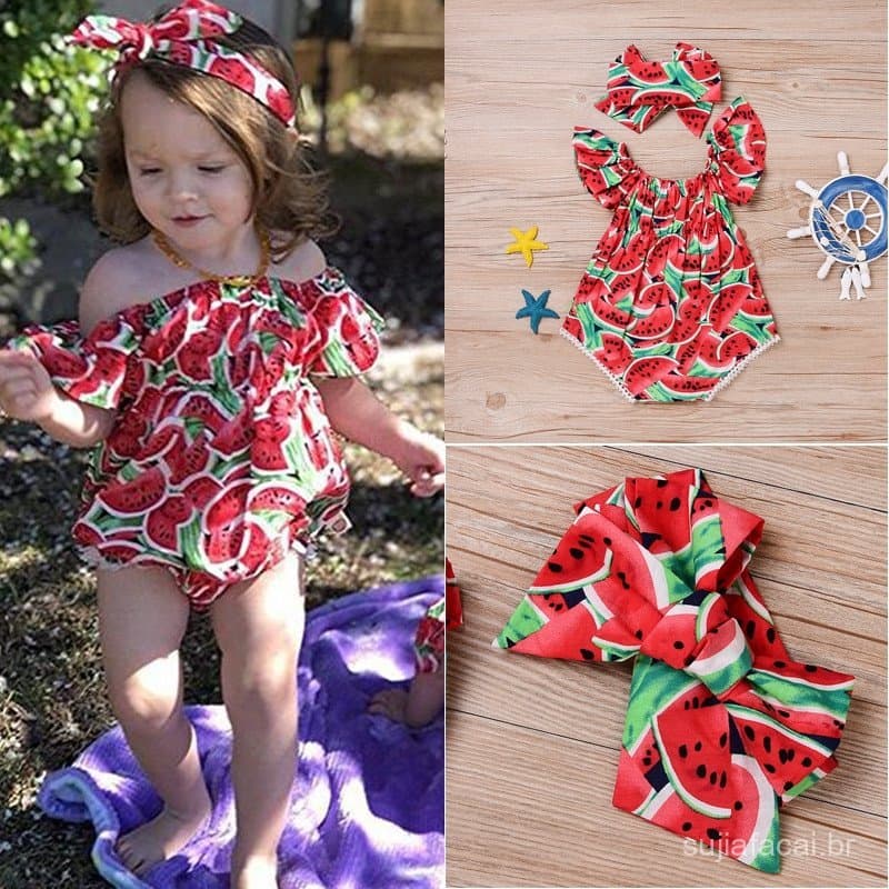 Macacão Ombro a Ombro com Estampa de Melancia / Infantil / Feminino para Bebês/Recém-Nascidos