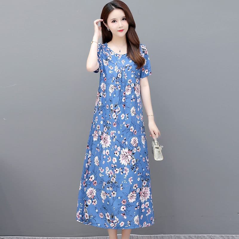 High-End tamanho grande novo estilo de meia-idade idosos algodão vestido de seda verão estilo jovem mãe Floral saia long