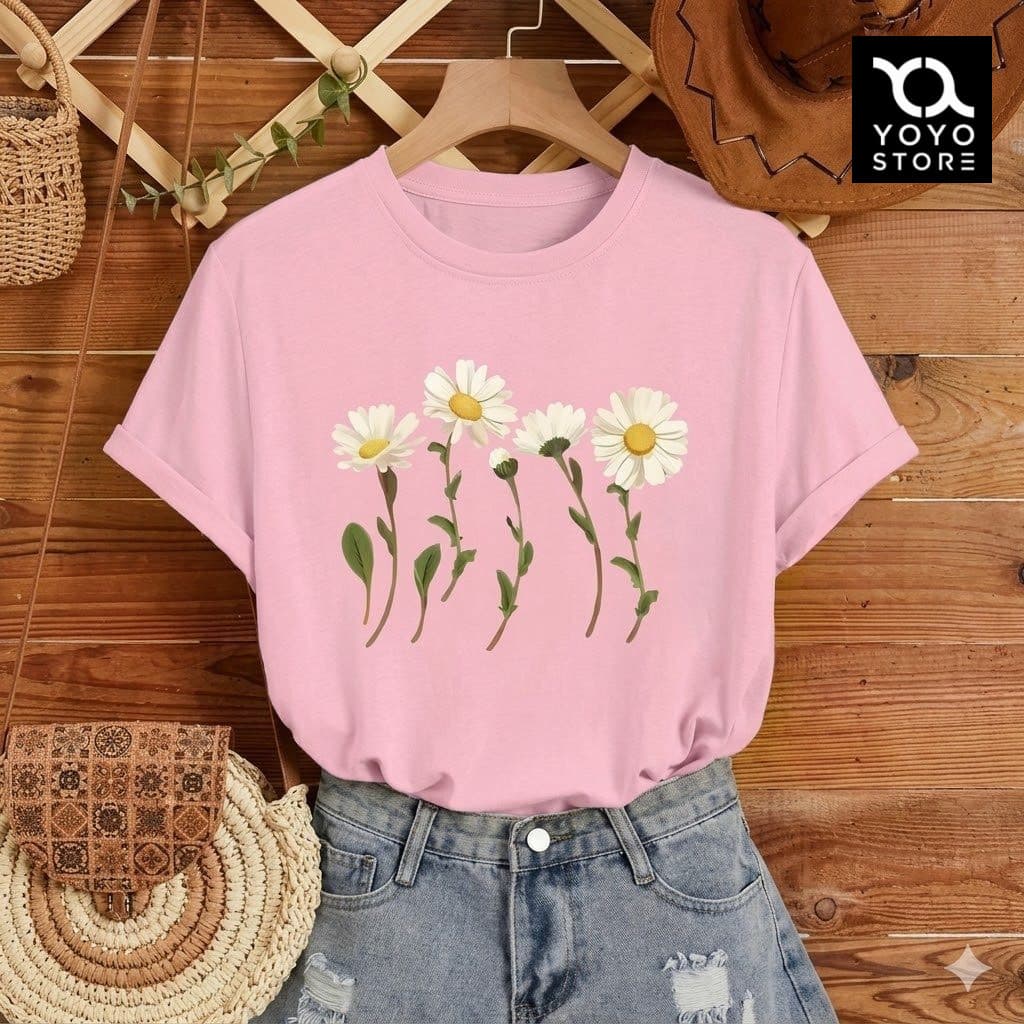 Camiseta Feminina Margaridas Blusa Estampada Estilo Over Camisa 100% algodão
