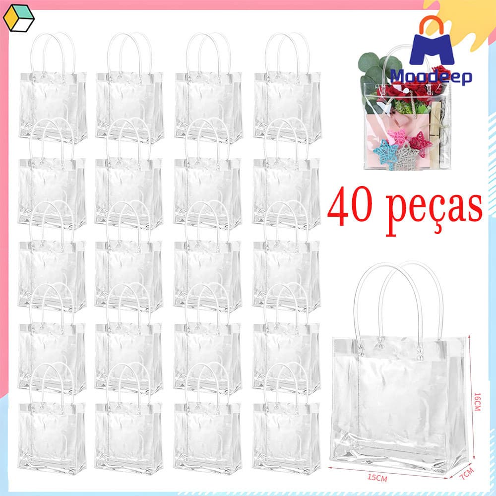Sacos transparentes para lembrancinhas 40 peças 16x15x7 cm sacos de presente transparentes com alças, reutilizáveis