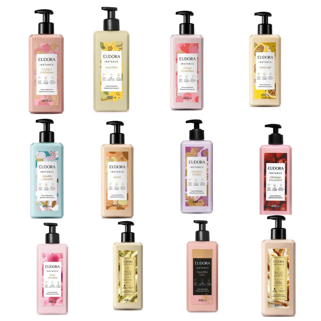 Hidrantante corporal Instance 400ml. Algodão e Jasmim,  Morango Irresistível,  Rosa Absoluta,  Karite- a escolher