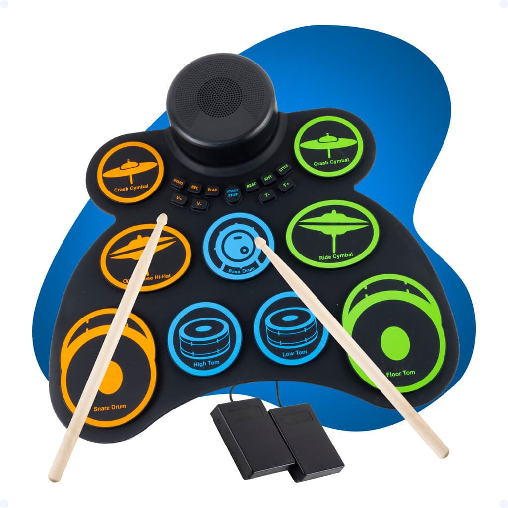 Bateria Eletronica Roll Up 9 Pad Entrada Fone Auto Falante Dobrável Silicone 2 Pedais Sons Demo