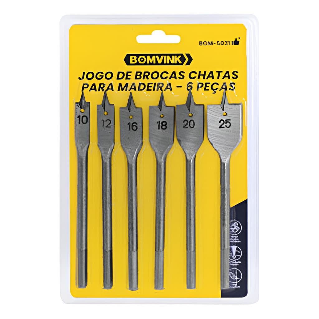 Jogo Brocas Chatas Para Madeira C/ 06 Peças 10 A 25mm Uso Profissional DIY Hobbie MDF Compensado