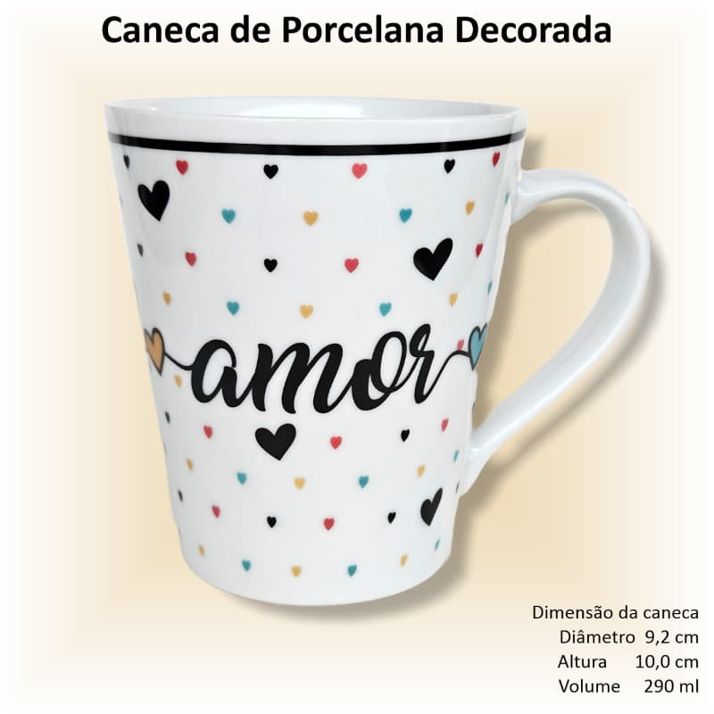 Caneca de porcelana branca, cônica, decorada, 290 ml, xícara, café, chá, Coleção GRATIDÃO - 1 caneca