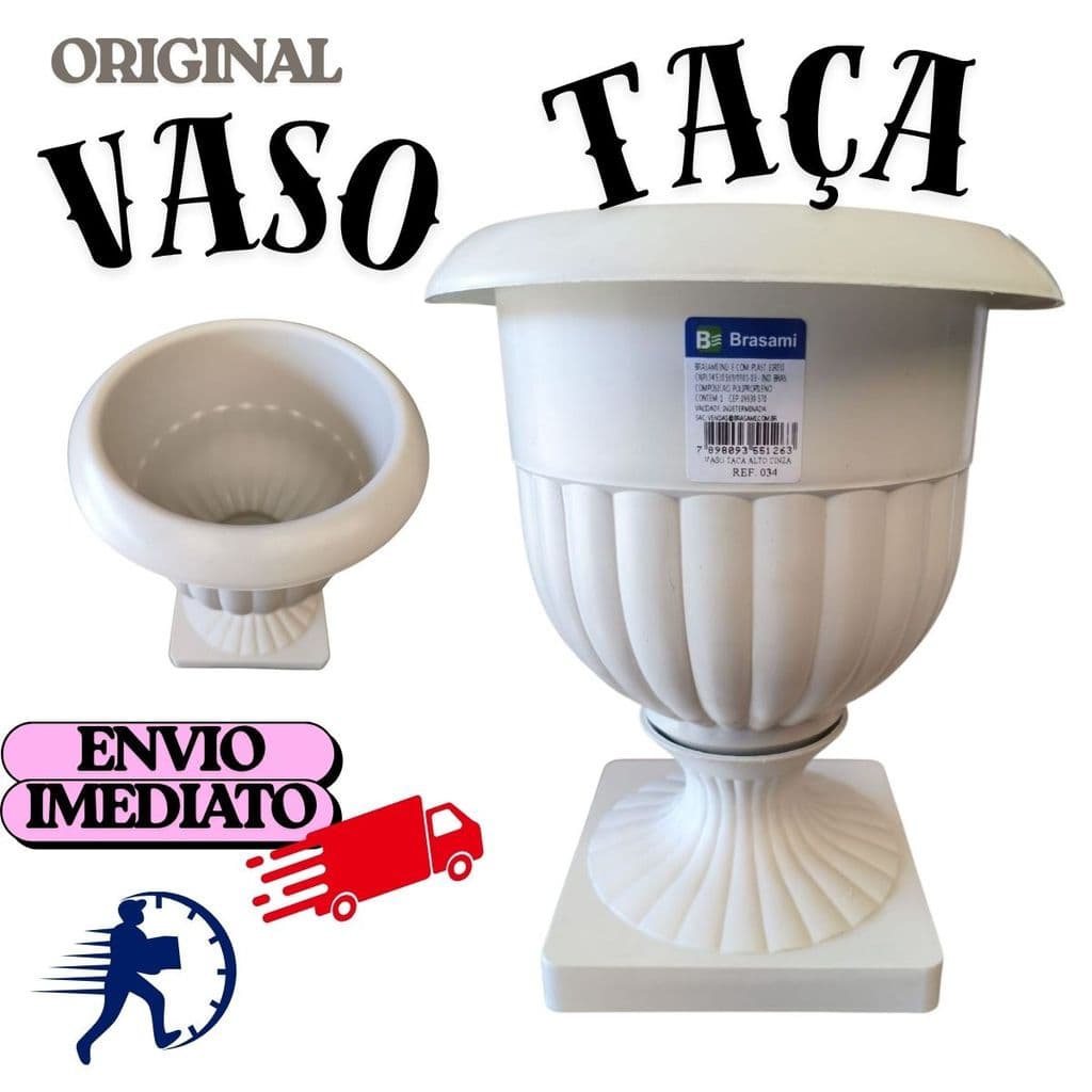 VASO REDONDO TACA ALTO CINZA BASE QUADRADA DECORADA 26X21CM DE PLASTICO 034 BRASAMI