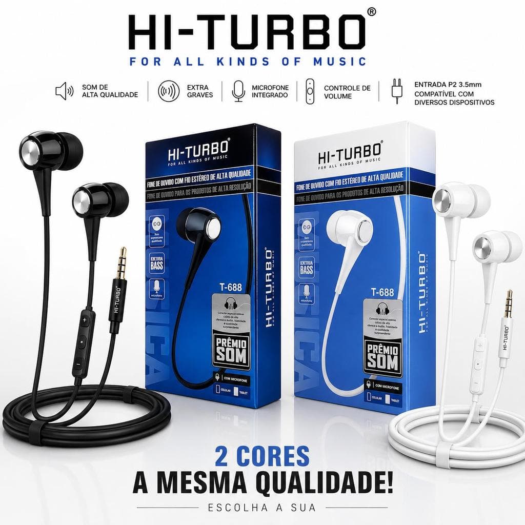 Fone de Ouvido Hi-Turbo T-688 com Microfone Som Estéreo HD, Graves Redução de Ruído,Música, Jogos, Chamadas,Celular e PC