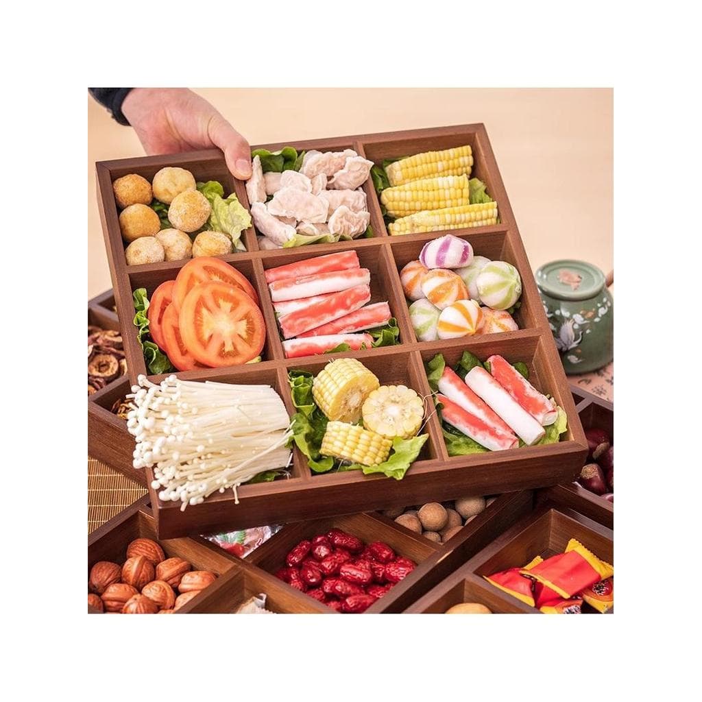 Jiugongge bandeja talheres panela quente prato lateral prato de madeira de bambu cercado forno chá lanche caixa frutas s