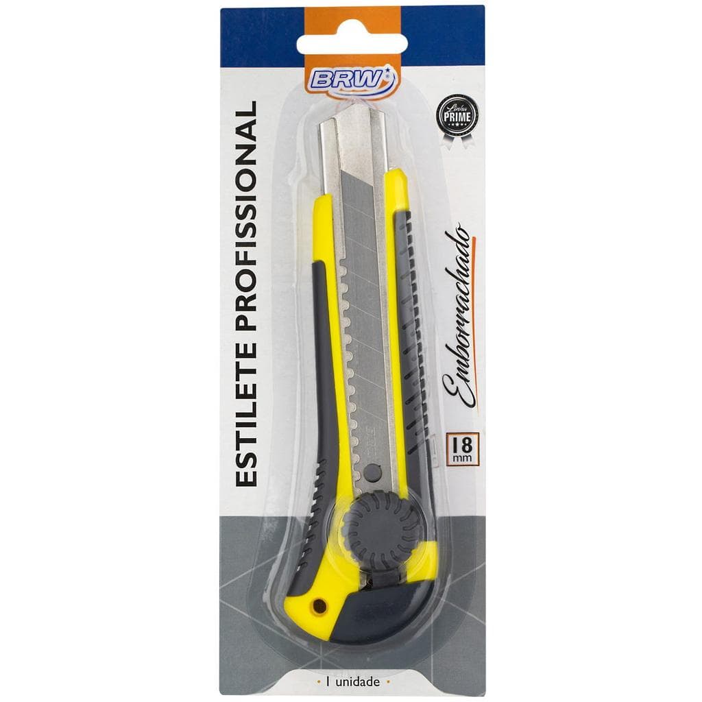Estilete Largo Profissional 18mm BRW Emborrachado Ergonômico com Trava de Segurança Amarelo e Preto