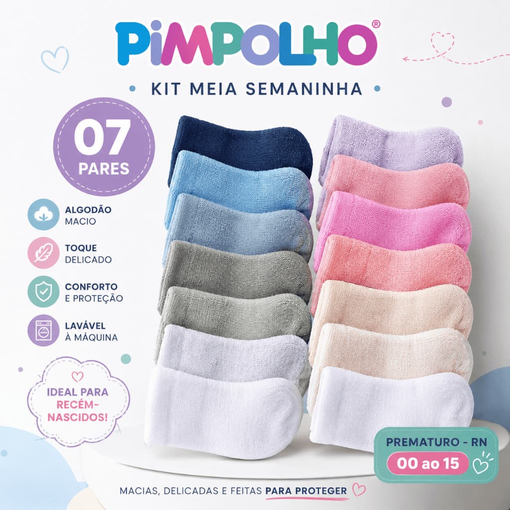 Kit 7 Pares Meias Bebê Prematuro RN 00-15 Pimpolho