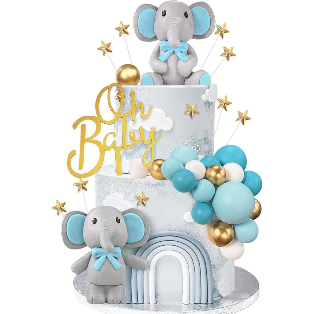 43 Peças de Decoração de Bolo Elefante Azul, Decorações de Bolo de Bebê Elefante Fofo, Topper de Bolo em Forma de Estrel