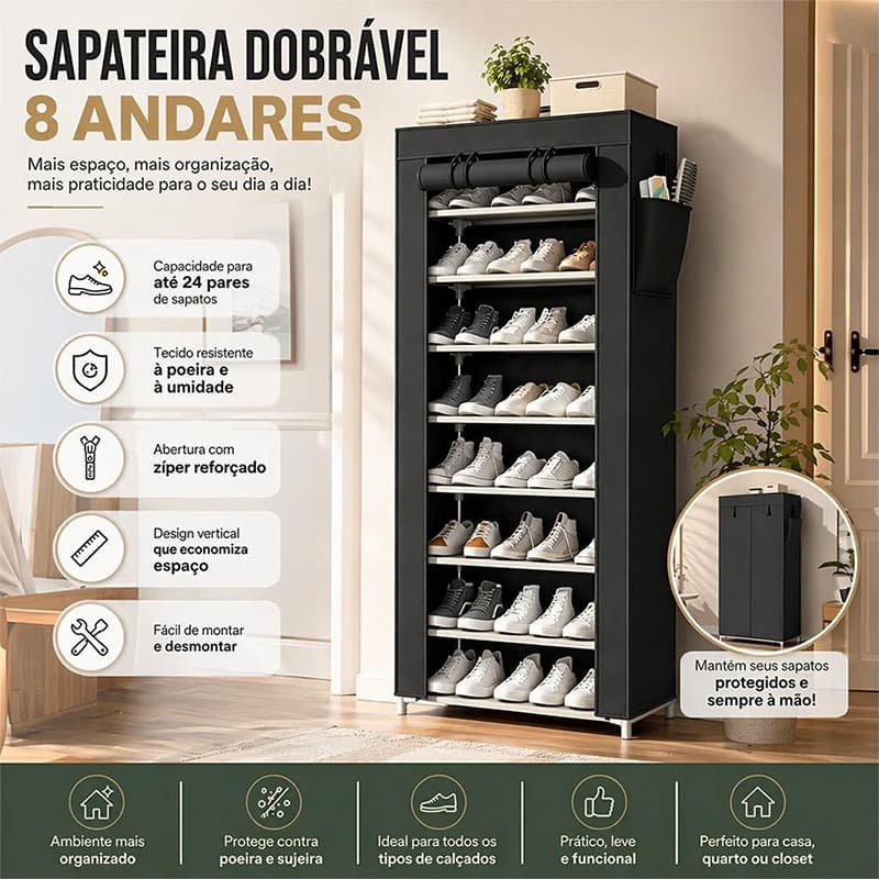 Armário de sapatos com capa à prova de poeira, prateleira de seis camadas reforçada, tecido à prova d'água