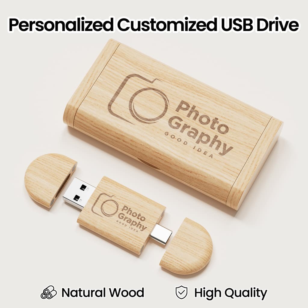Conjunto De Unidade Flash USB De Madeira Personalizado 2 Em 1 TYPE-C 3.0 Drive Caixa Personalizada 8GB 16GB 32GB 64GB