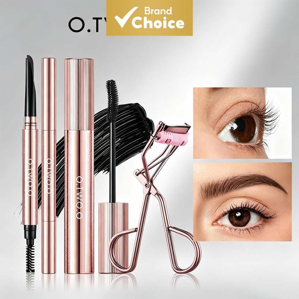 O.TWO.O Kit de Maquiagem 3 em 1, Máscara Resistente a Borrões, Lápis para Sobrancelha Delineador e Curvador de Cílios,