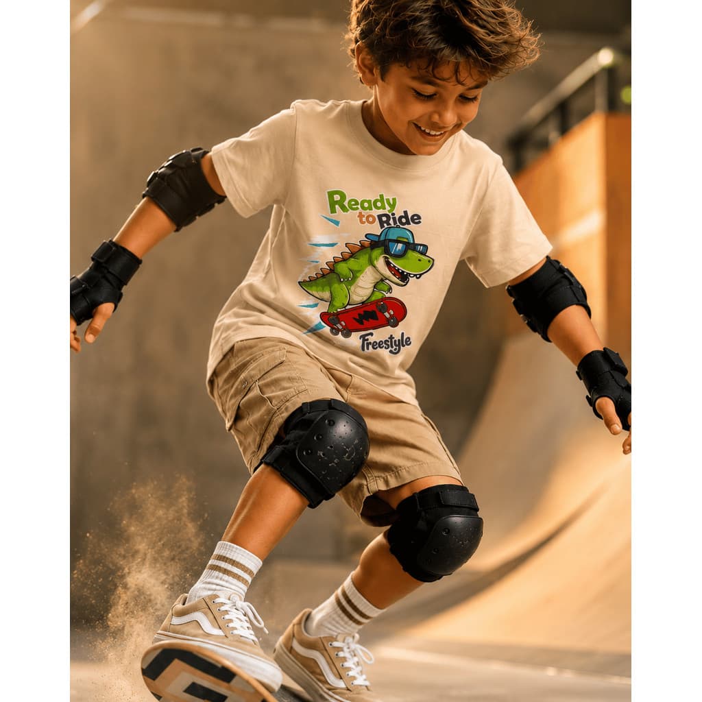 Camiseta Infantil Dinossauro no Skate Menino 100% Algodão Macia e Confortável