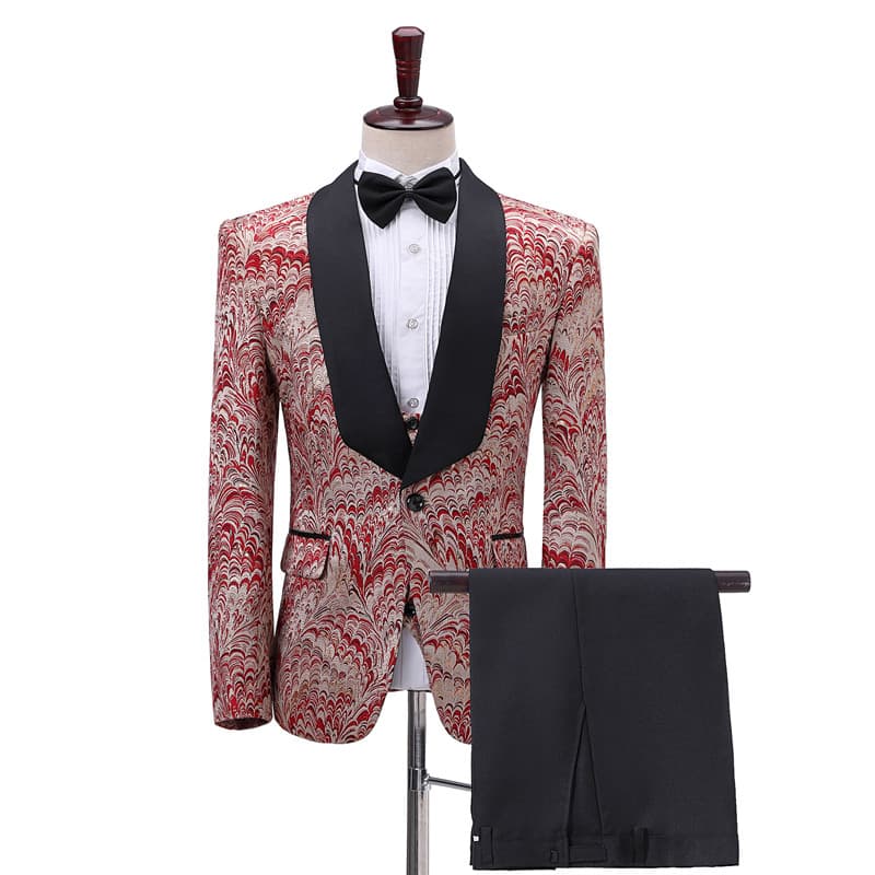 Terno masculino borgonha Jacquard terno de três peças gola preta desempenho terno anfitrião masculino terno noivo estúdi