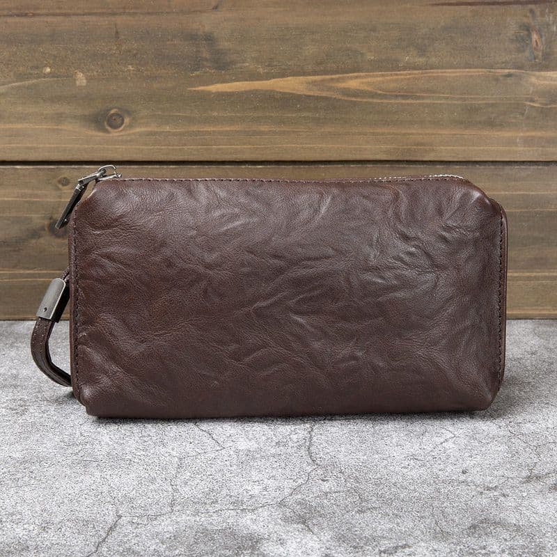 Simples Retro couro genuíno bolsa de embreagem masculina Casual moda zíper embreagem pequeno saco primeira camada padrão