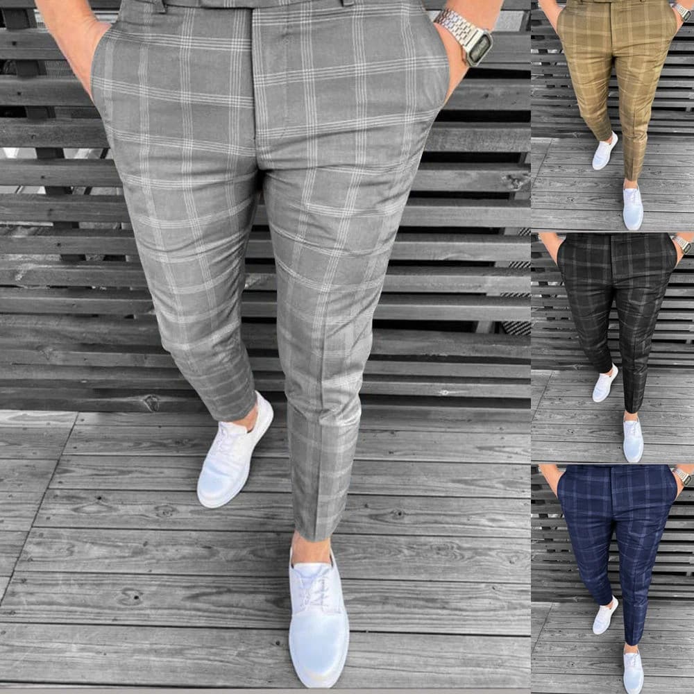 Calças Lápis Masculinas da Moda, Calças Casuais de Negócios Slim Fit com Estampa Xadrez e Zíper, Calças Longas para o Di