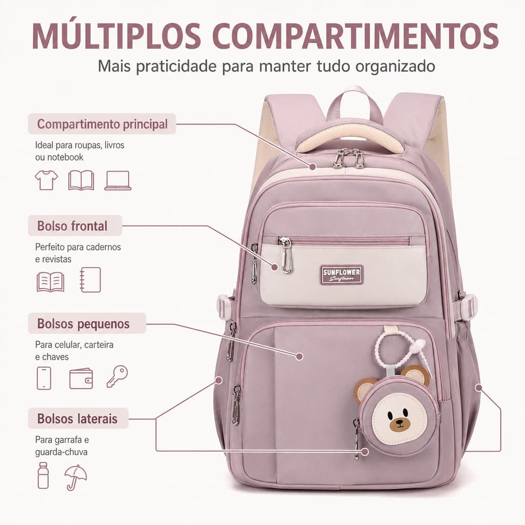 Mochila Feminina Fofa Pingente Urso Rosa Azul Roxo Resistente Água Multicamadas Notebook 15.6 Dia a Dia
