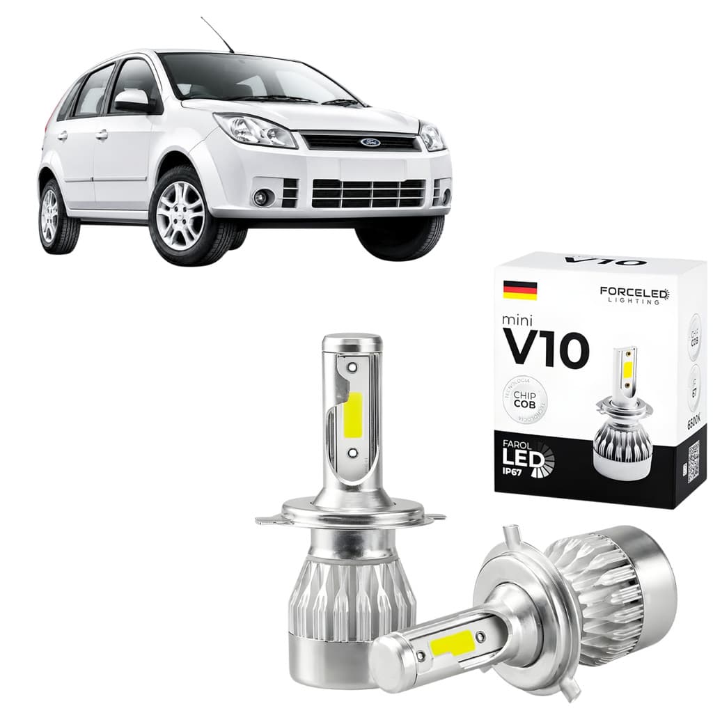 Kit Led de Farol Full Ford Fiesta Mini V10 (2 Lamp.) H1 IP67 ChipCob 6500K Cor Branca Com Leve Azulado