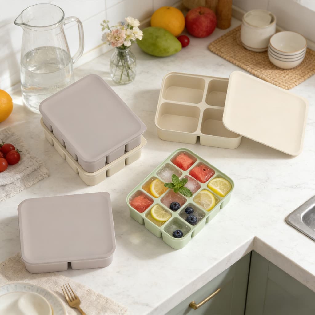 [Estoque pronto] Molde de bandeja de gelo Silicone Caixa de gelo com fundo macio Caixa de armazenamento de suplemento al