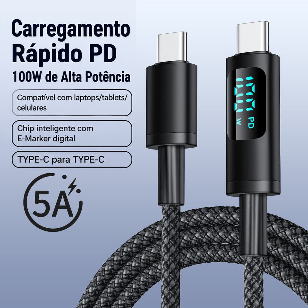 Cabo de dados com Display Digital de 100w adequado para Apple 15 ipad Laptop Dual tipo-c Cabo de carregamento PD de carg