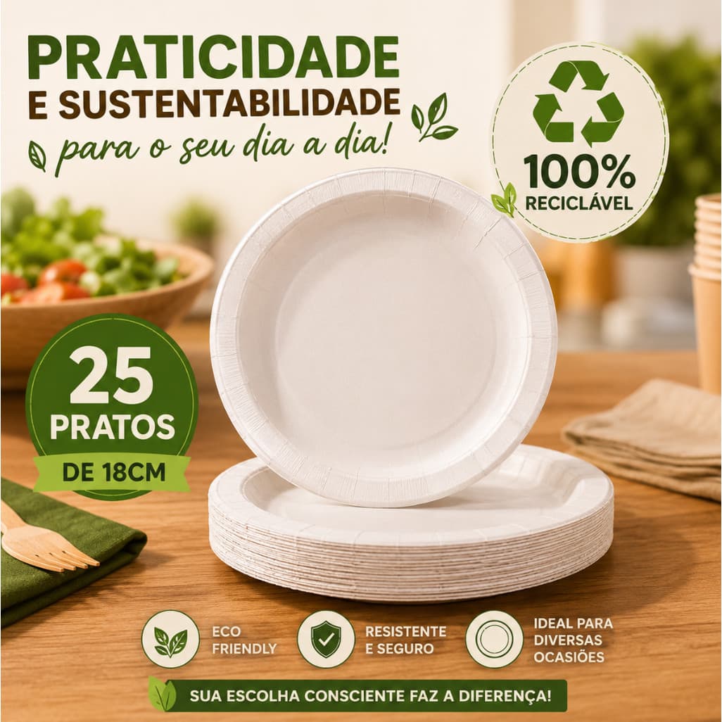 Kit 25/50 Pratos de Papel 18cm Ecológicos Eco-Friendly para Festas Casamentos e Reuniões