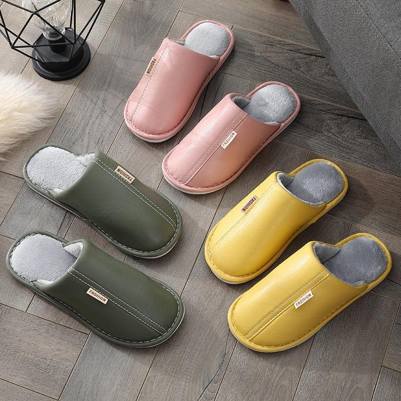 Chinelos de algodão de couro de inverno feminino impermeável antiderrapante adulto uso doméstico quente interior inverno