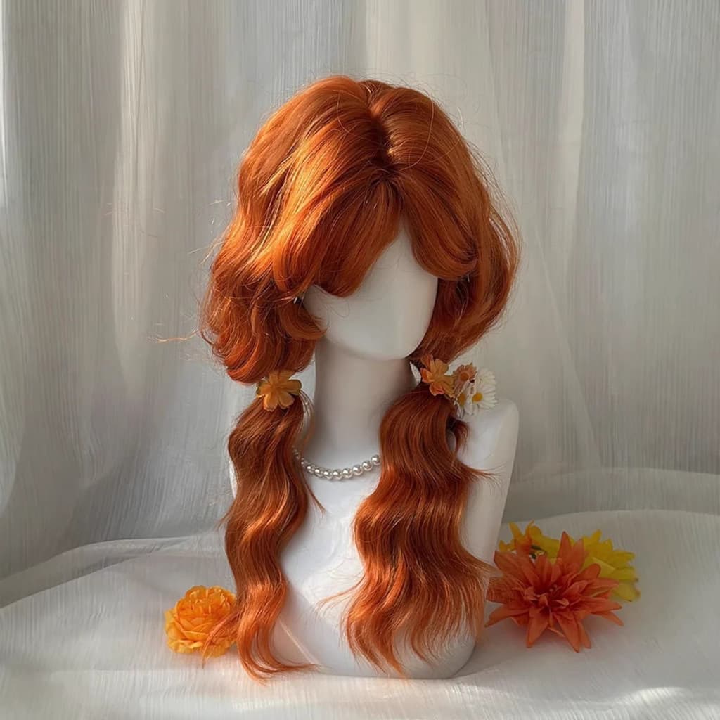 Peruca laranja escura para mulheres, cabelo longo e cacheado, repartição central com franja, textura de ondas d'água, es