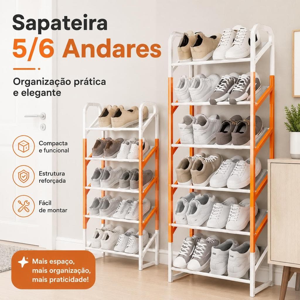 Sapateira Organizadora 5/6 Andares Compacta para Tênis e Sapatos, Estrutura Reforçada, Fácil de Montar, Ideal para Entra