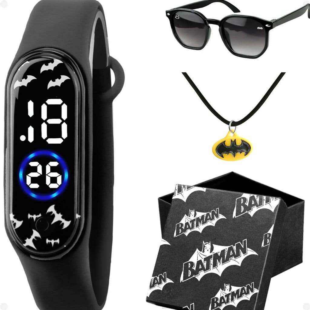 relogio infantil digital batman + oculos sol + colar + caixa preto prova dagua esportivo original