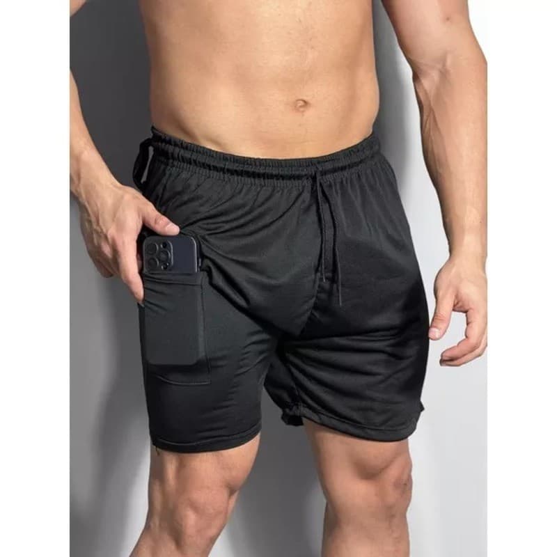 Short Masculino 2 em 1 Dry Fit Esportes com Bolso Interno para Celular