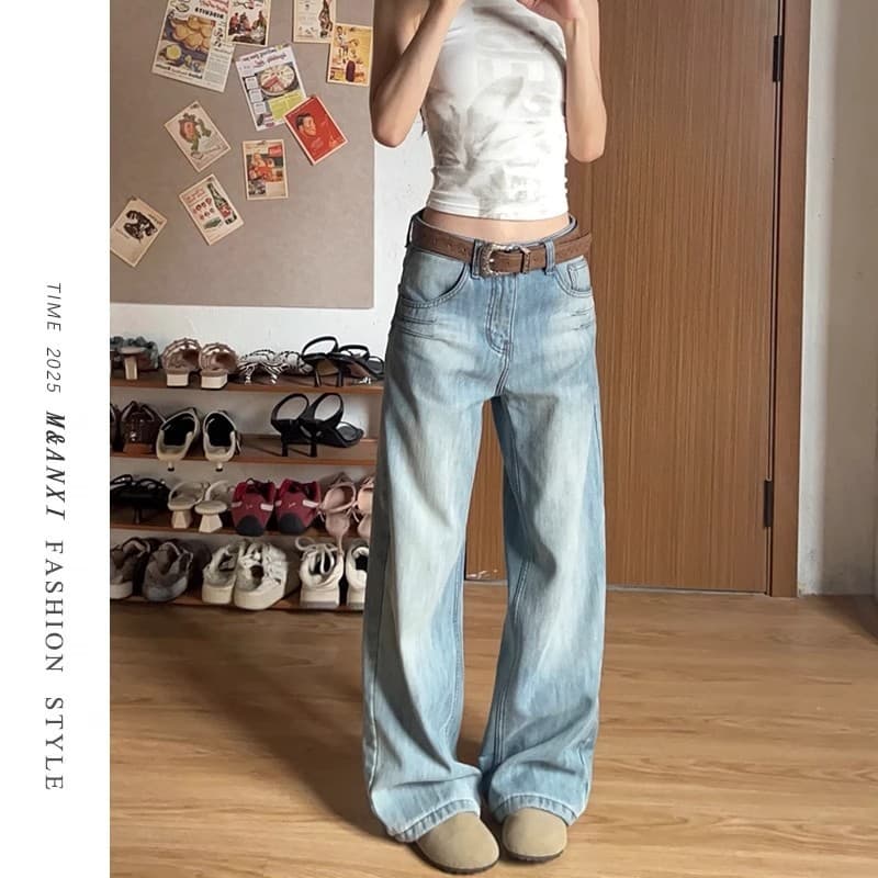 Calça jeans feminina de corte reto estilo americano, modelo 145, com bordado, nova coleção de outono, vintage, com caime