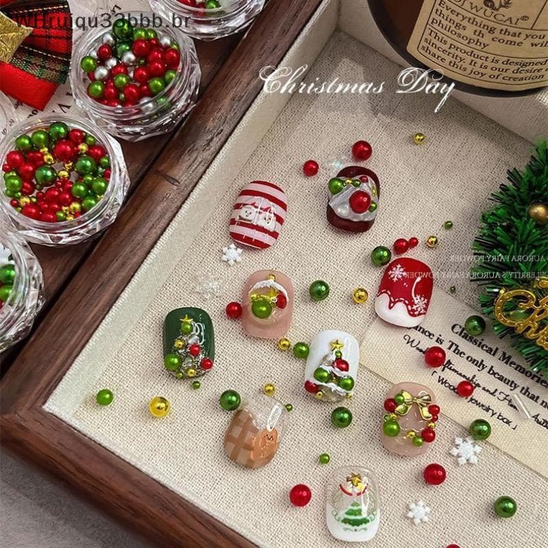WHruibb 1 Caixa De Natal Vermelho/Verde Pérola Floco De Neve Prego Strass Tamanho Misto Perolado Contas Coloridas Nali E