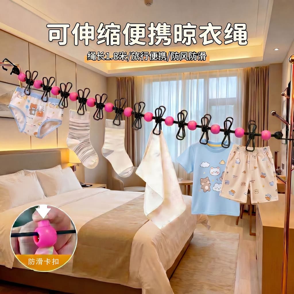 Varal Retrátil Portátil para Viagens e Hotéis, Ferramenta Multifuncional Extensível Antiderrapante e à Prova de Vento pa