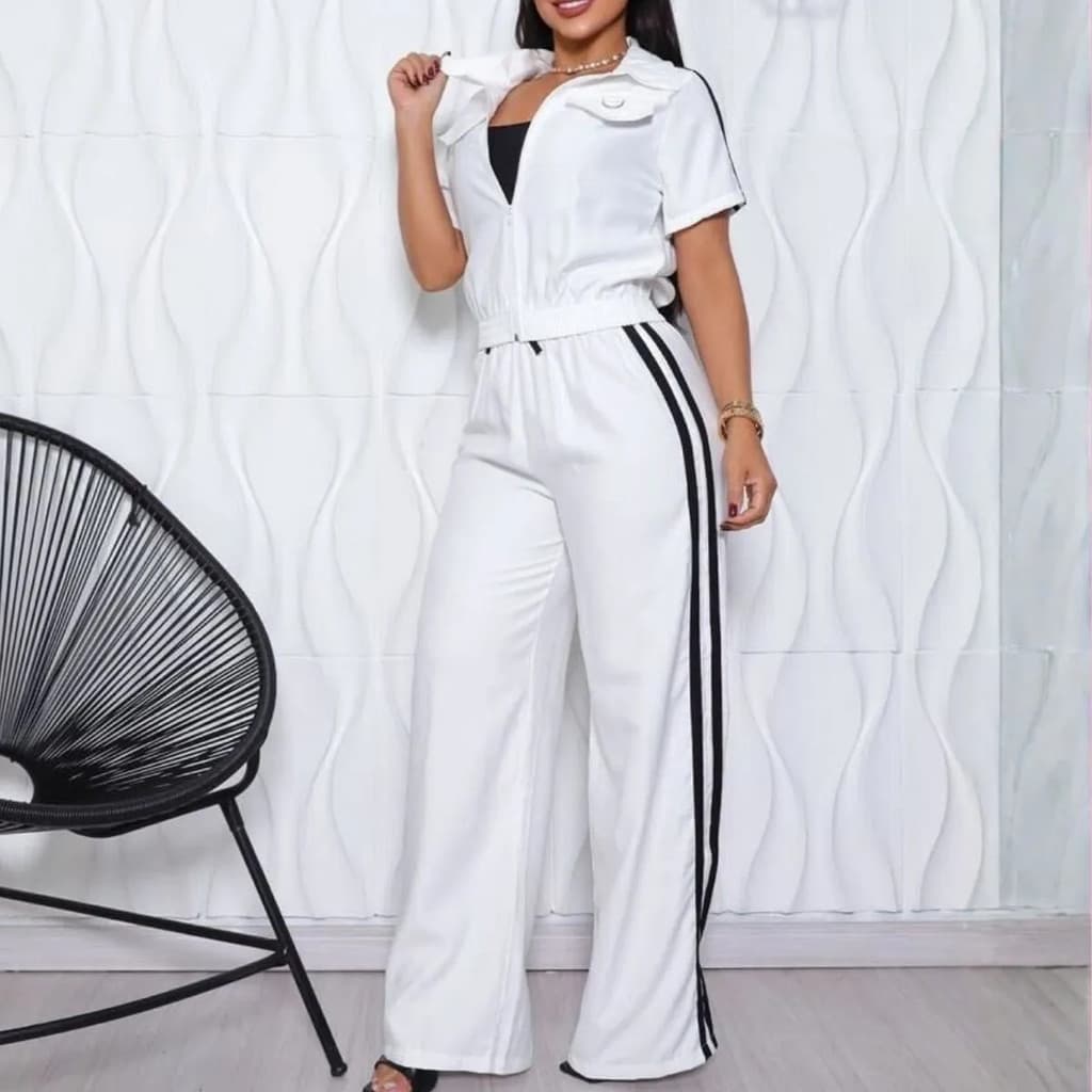 Conjunto Feminino Blusa Cropped Pantalona Casual  Com Linhas Casual Esportivo Off White