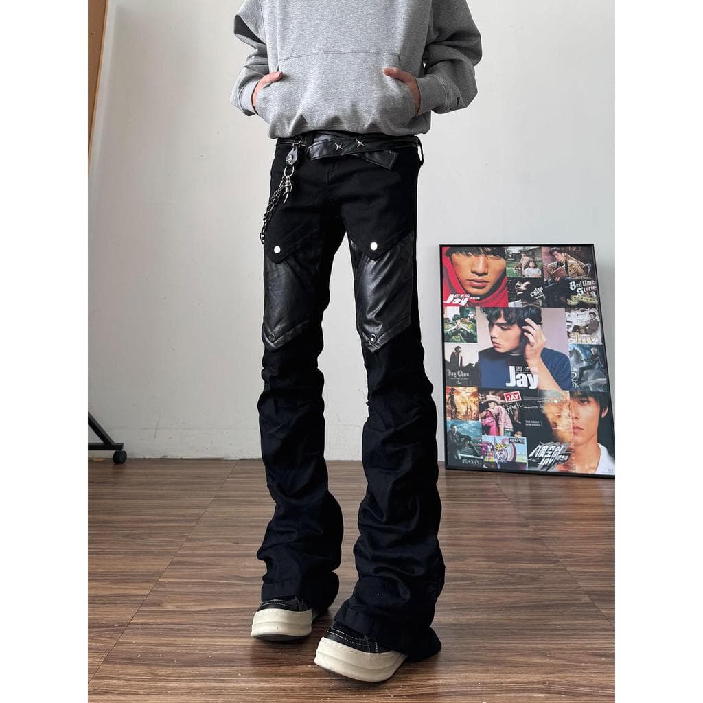 Americano High Street estilo Visual preto Micro-queimado calças de couro Jeans masculino ro macacão calças vibe mais mag