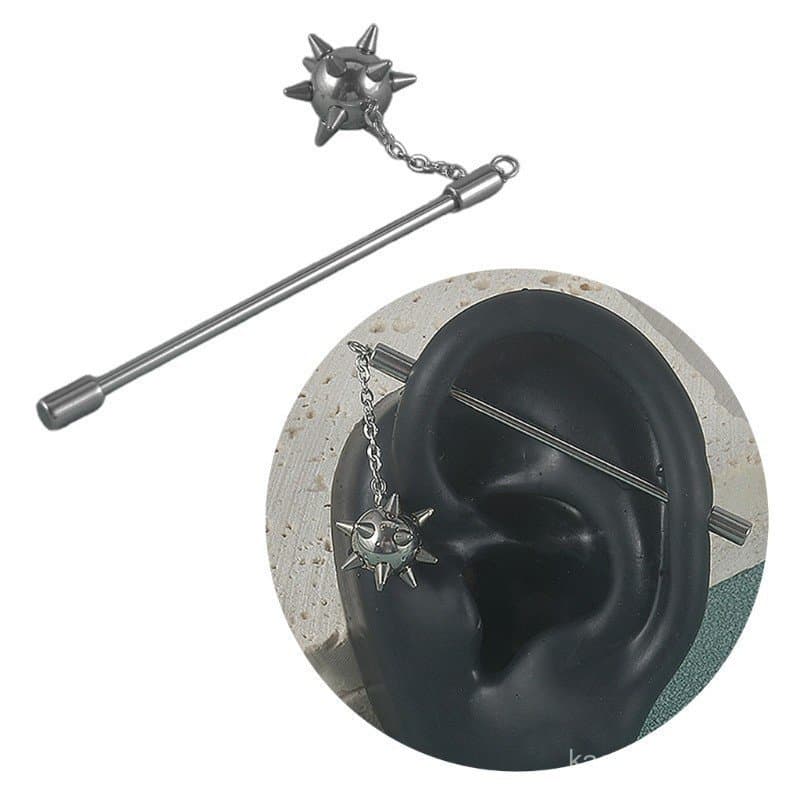 Brinco Elegante ARIN de Aço Cirúrgico com Corrente e Pingente de Martelo Meteoro para Cartilagem e Tragus