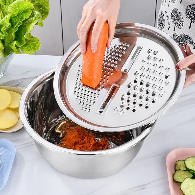 Kit Saladeira Inox Com Tampa Raladora E Cortador Legumes Cozinha