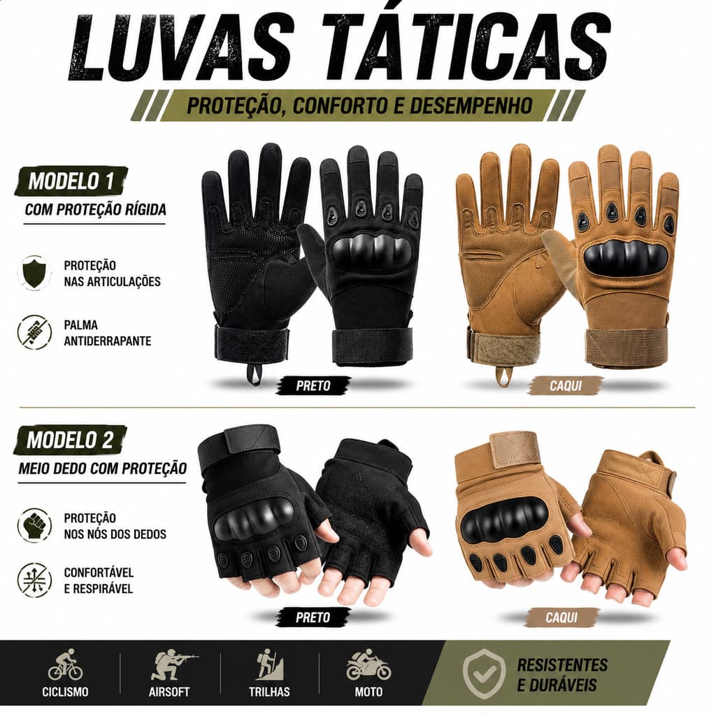Par de Luvas Táticas Moto Motociclista Com Proteção Antiderrapante Airsoft Ciclismo Outdoor